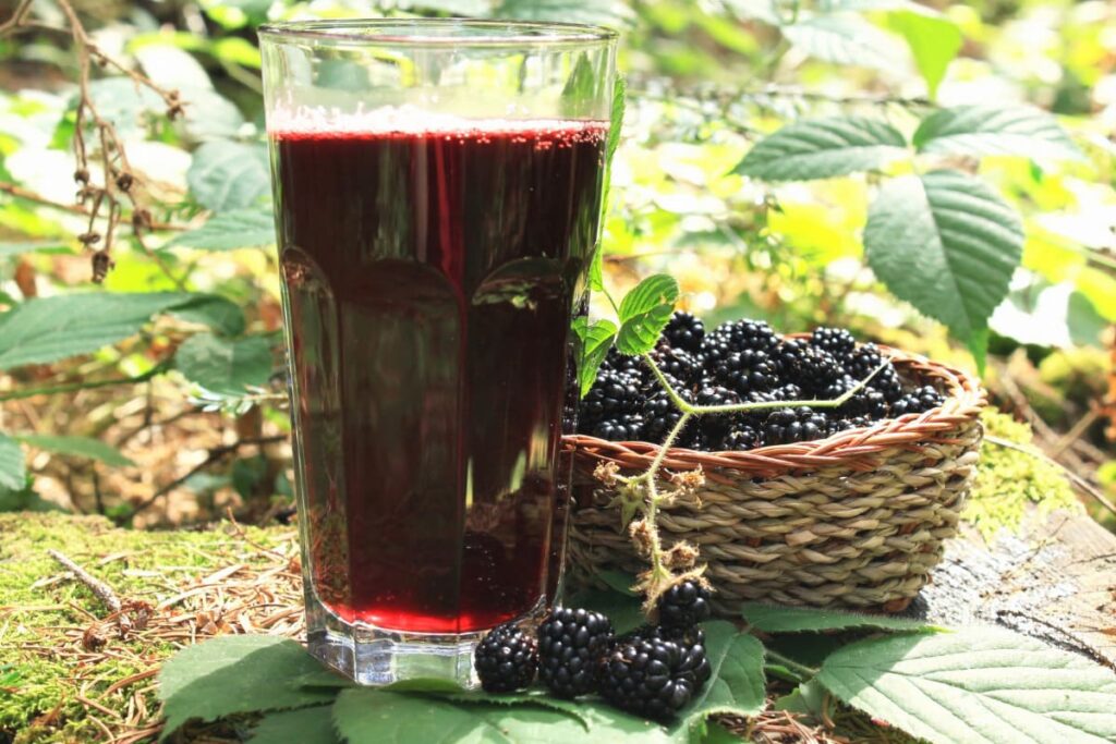 pahar cu sirop de mure si cosulet cu mure proaspete in natura
