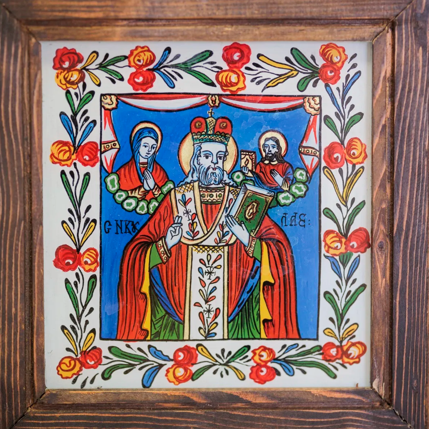 icoană pe sticlă, înrămată